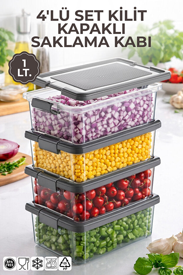 4'lü Set 1Lt. Decobox Çok Amaçlı Saklama Kabı - Piknik Taşıma Seti - 1Lt(Antrasit)