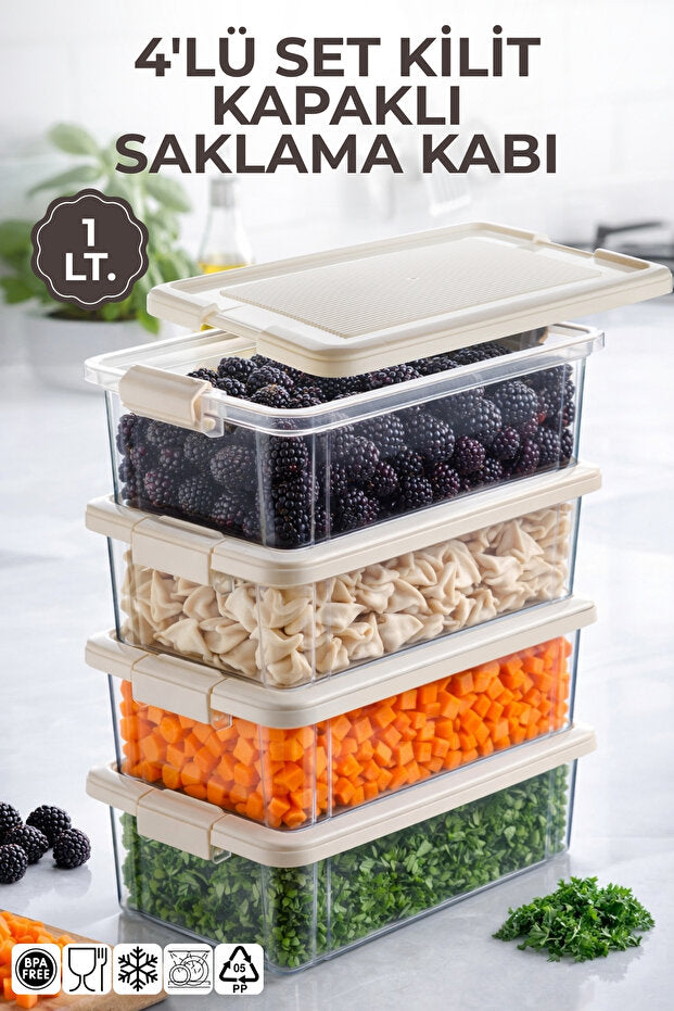 4'lü Set 1Lt. Decobox Çok Amaçlı Saklama Kabı - Piknik Taşıma Seti - 1Lt(Krem)
