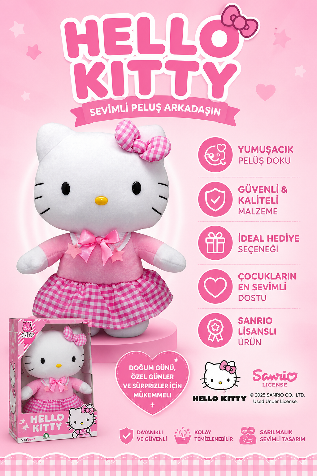 Hello Kitty Pembe Elbiseli Peluş Oyuncak 30 cm – Resmi Sanrio Lisanslı