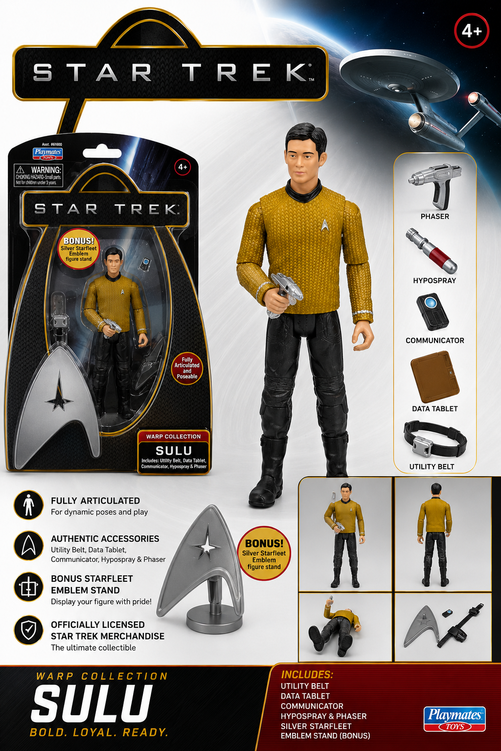 Star Trek Warp Collection Sulu Aksiyon Figürü | Playmates Toys | Tam Hareketli Koleksiyon Figürü