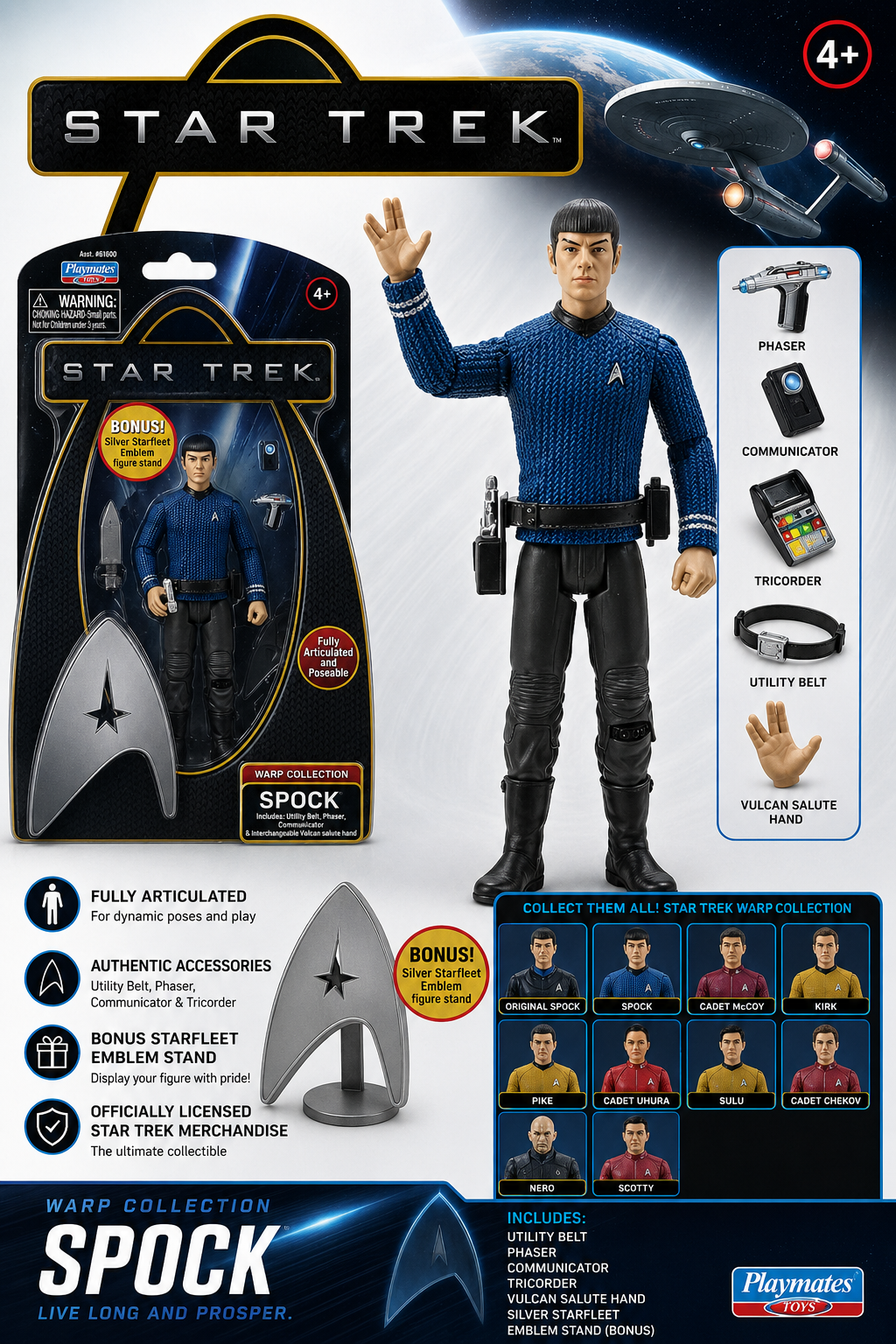 Star Trek Warp Collection Spock Aksiyon Figürü | Playmates Toys | Tam Hareketli Koleksiyon Figürü