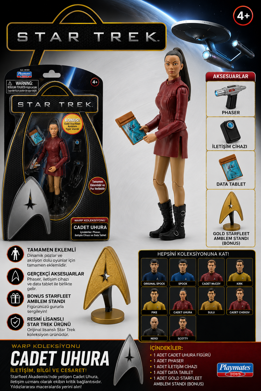 Star Trek Warp Collection Cadet Uhura Aksiyon Figürü | Playmates Toys | Tam Hareketli Koleksiyon Figürü