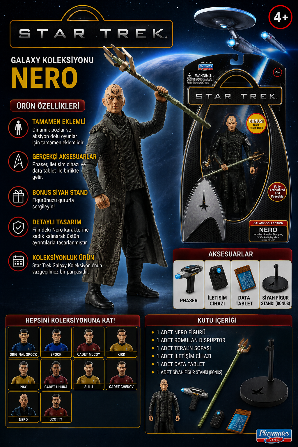 Star Trek Warp Collection Nero Aksiyon Figürü | Playmates Toys | Tam Hareketli Koleksiyon Figürü