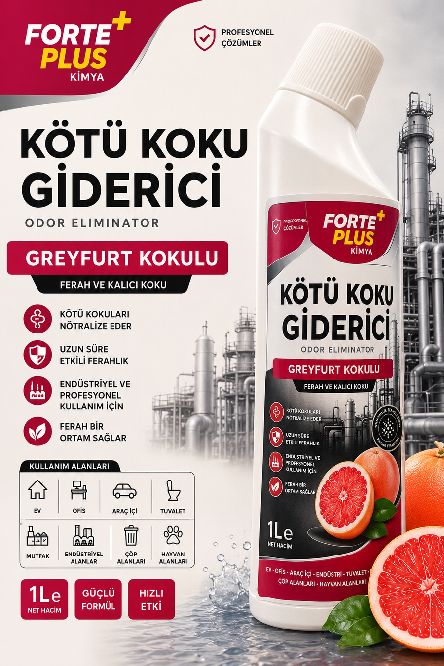 Forte Plus Kötü Koku Giderici 750 ML – Greyfurt Kokulu Profesyonel Koku Nötrleyici
