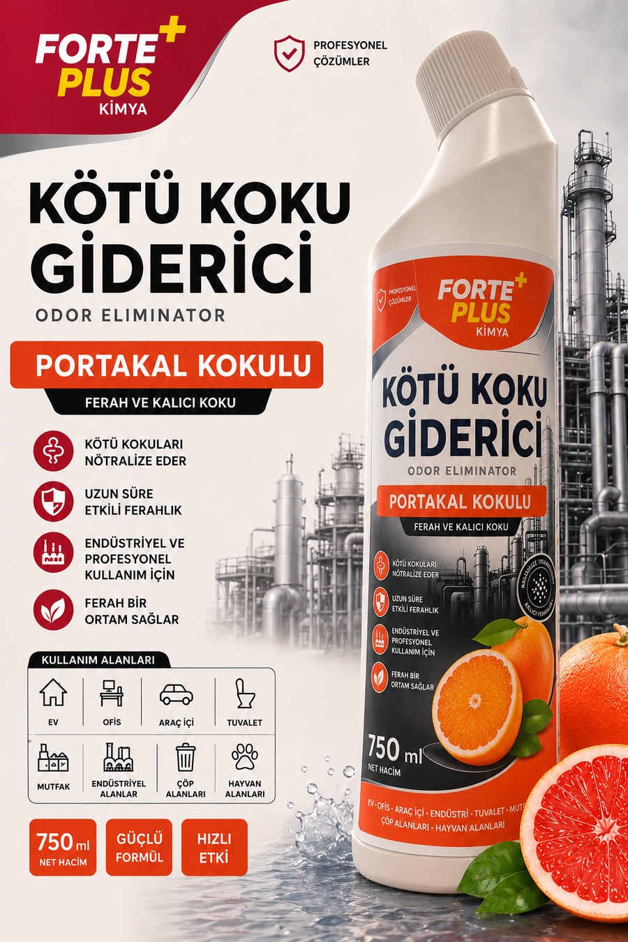 Forte Plus Kötü Koku Giderici 750 ml – Portakal Kokulu Profesyonel Koku Nötrleyici