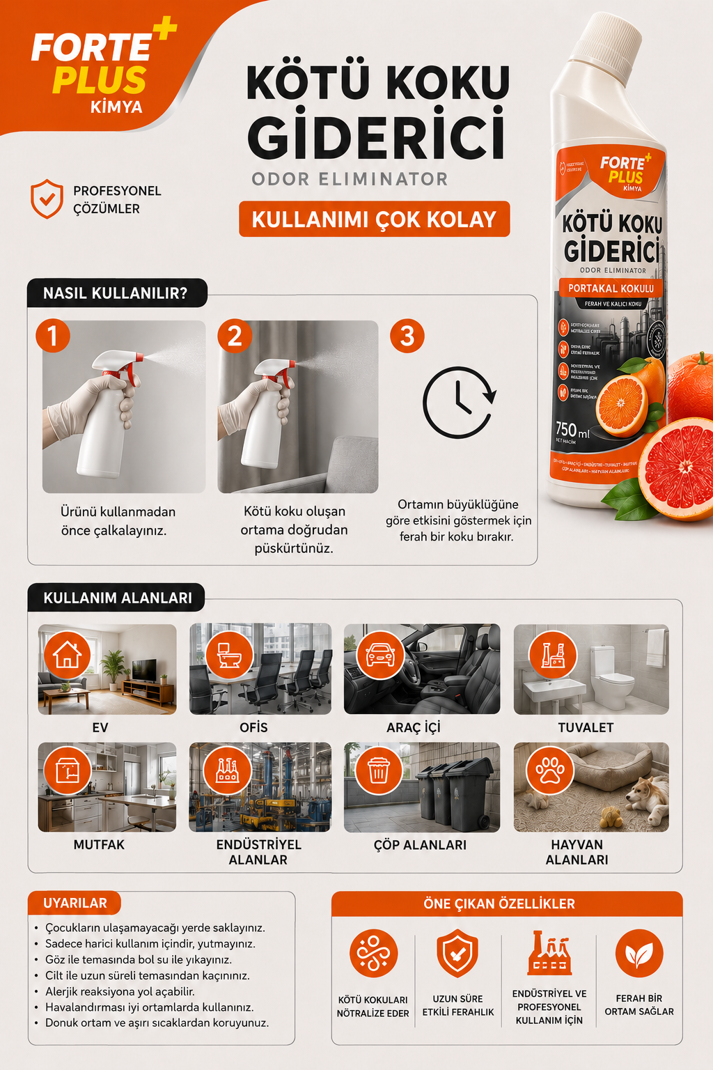 Forte Plus Kötü Koku Giderici 750 ml – Portakal Kokulu Profesyonel Koku Nötrleyici