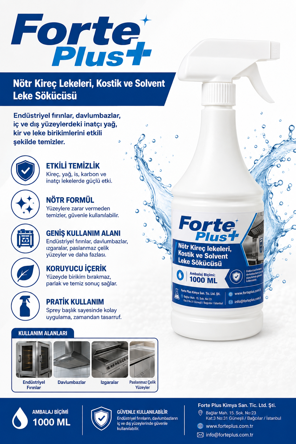 Forte Plus Nötr Kireç Lekeleri, Kostik ve Solvent Leke Sökücü 1000 ML – Endüstriyel Temizlik Spreyi