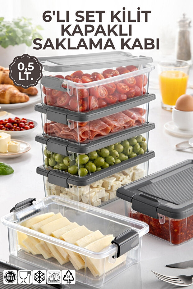 6'lı Set 0,5Lt. Decobox Çok Amaçlı Saklama Kabı - Piknik Taşıma Seti - 0,5Lt.(Antrasit)