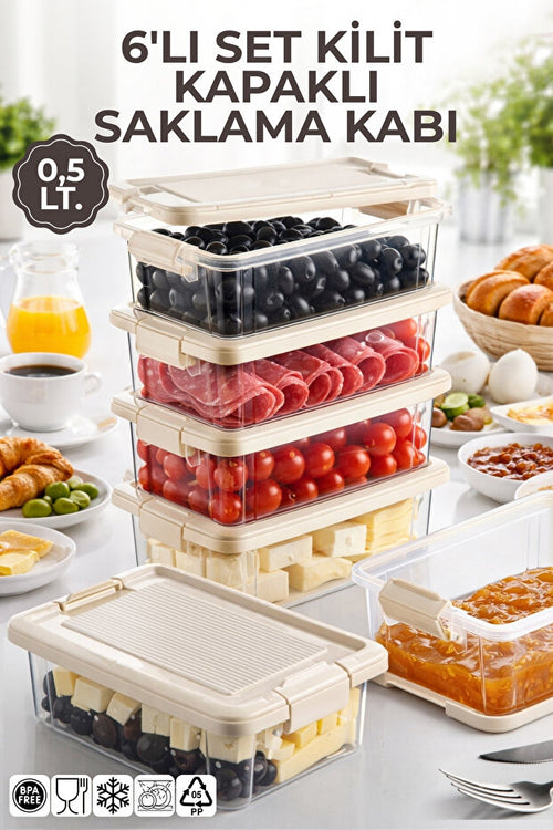 6'lı Set 0,5Lt. Decobox Çok Amaçlı Saklama Kabı - Piknik Taşıma Seti - 0,5Lt.(krem)