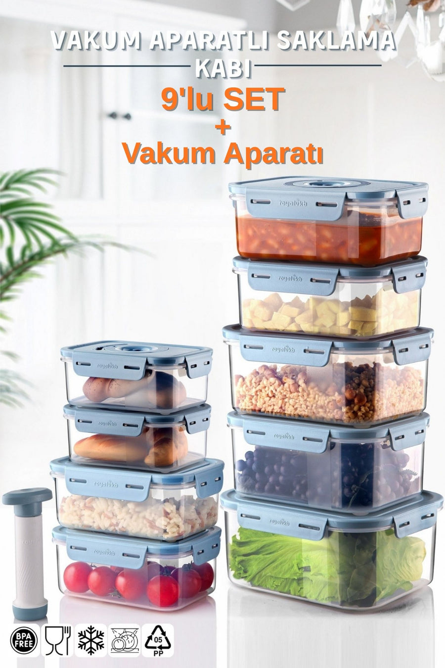 9'Lu Set Vakum Aparatlı Mikrodalga ve Difrizde Kullanılabilen Saklama Kabı
