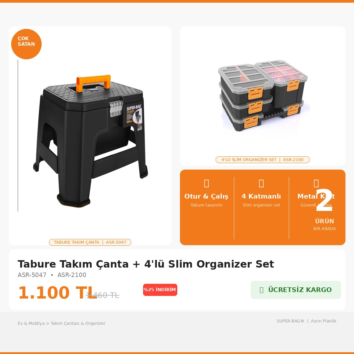 Super Bag Tabure Takım Çanta + Parça Organizer 4'lü Set