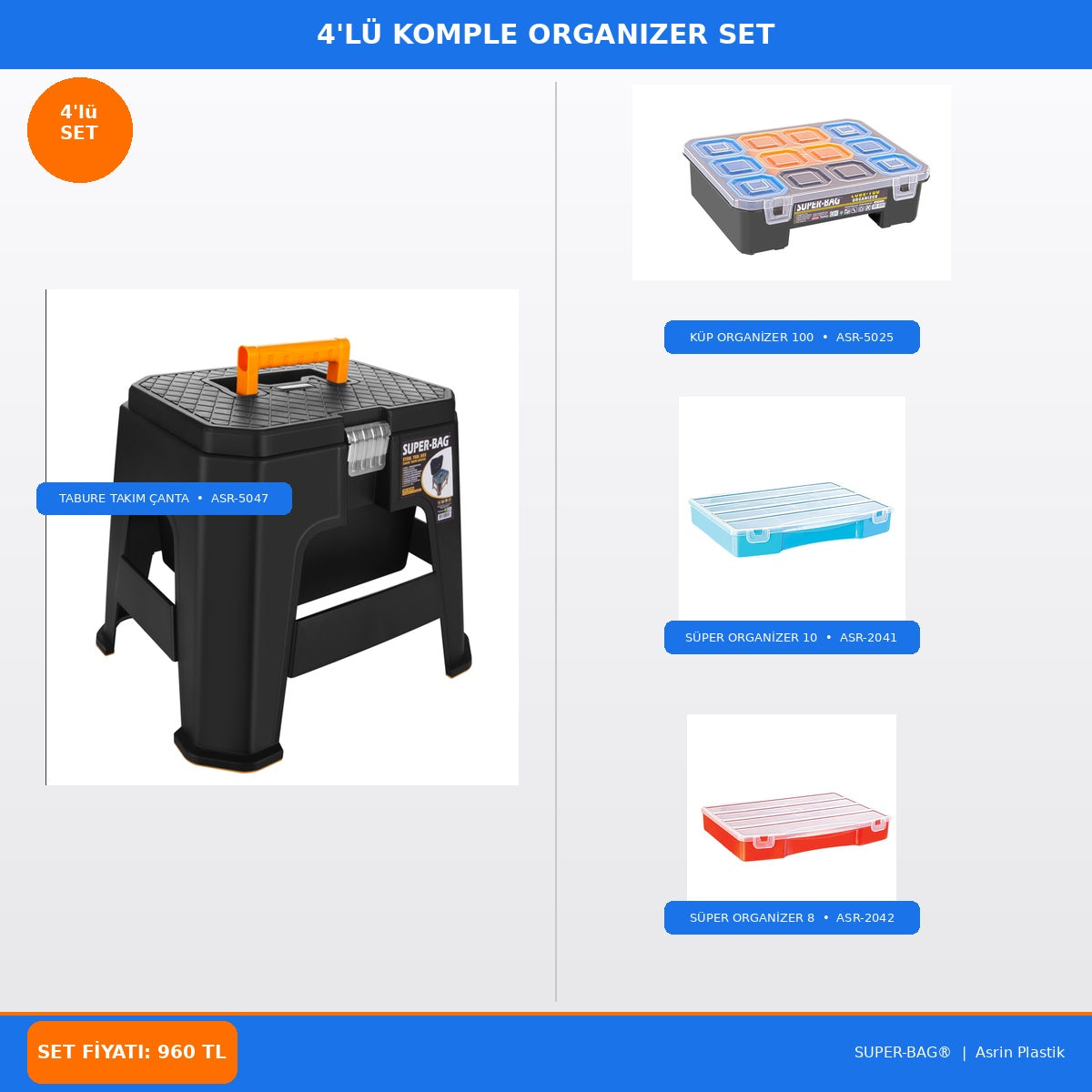 Tabure Takım Çanta + Küp Organizer + 2 Süper Organizer 4'lü Komple Set