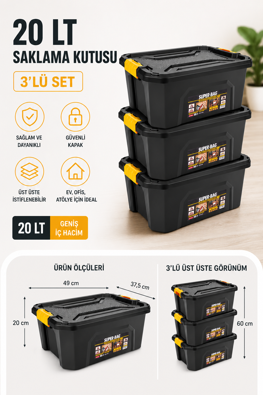 Super Bag 20 Litre Saklama Kutusu 3'lü Set | Kilitli Kapaklı İstiflenebilir Çok Amaçlı Depolama Kutusu