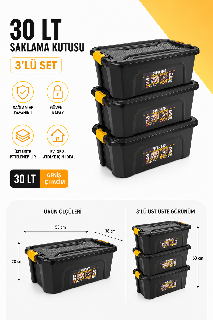 Super Bag 30 Litre Saklama Kutusu 3'lü Set | Kilitli Kapaklı İstiflenebilir Çok Amaçlı Depolama Kutusu