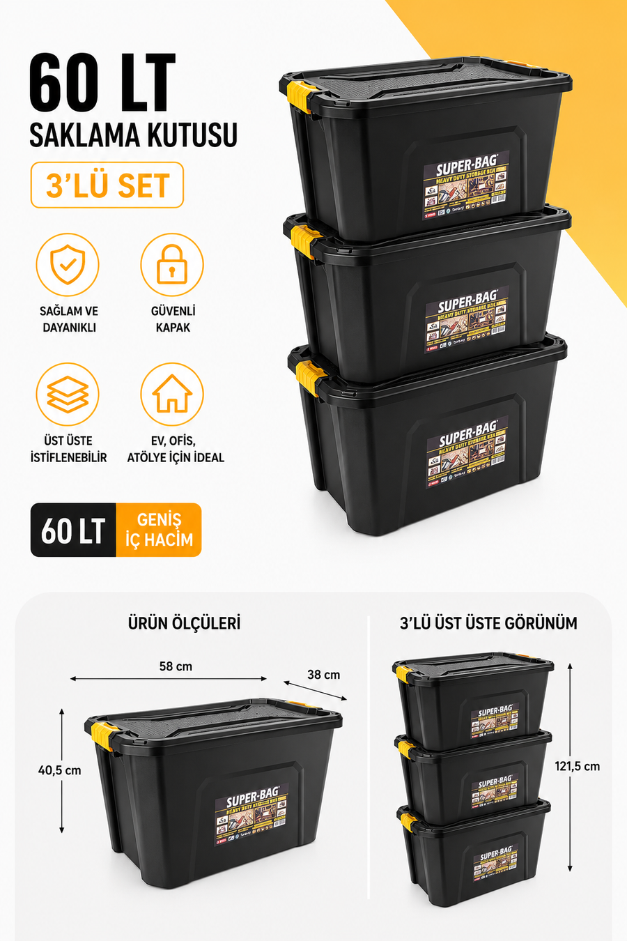 Super Bag 60 Litre Saklama Kutusu 3'lü Set | Kilitli Kapaklı İstiflenebilir Çok Amaçlı Depolama Kutusu