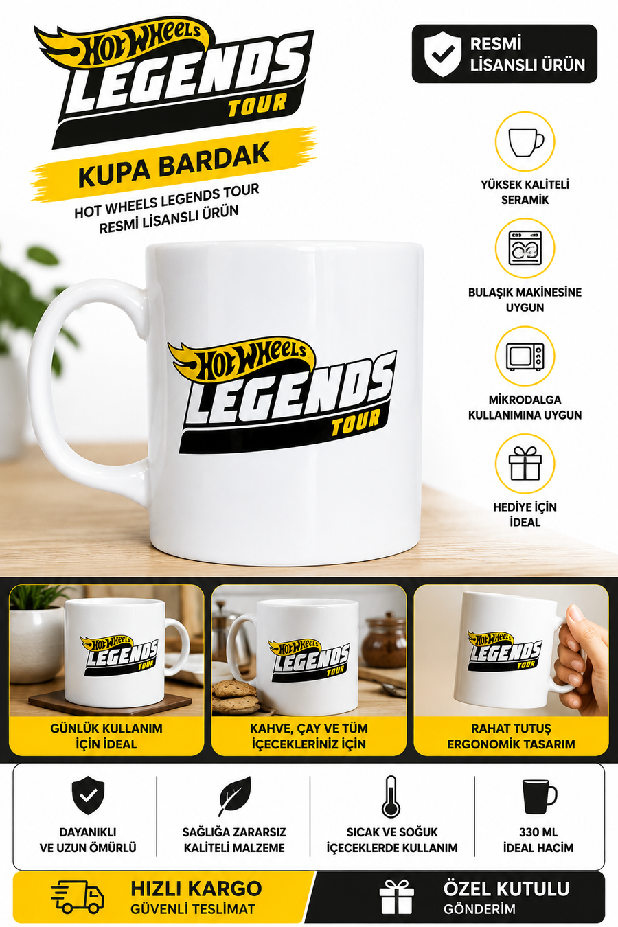 Hot Wheels Legends Tour Seramik Kupa Bardak 330 ml | Lisanslı Logo Tasarımlı Kupa