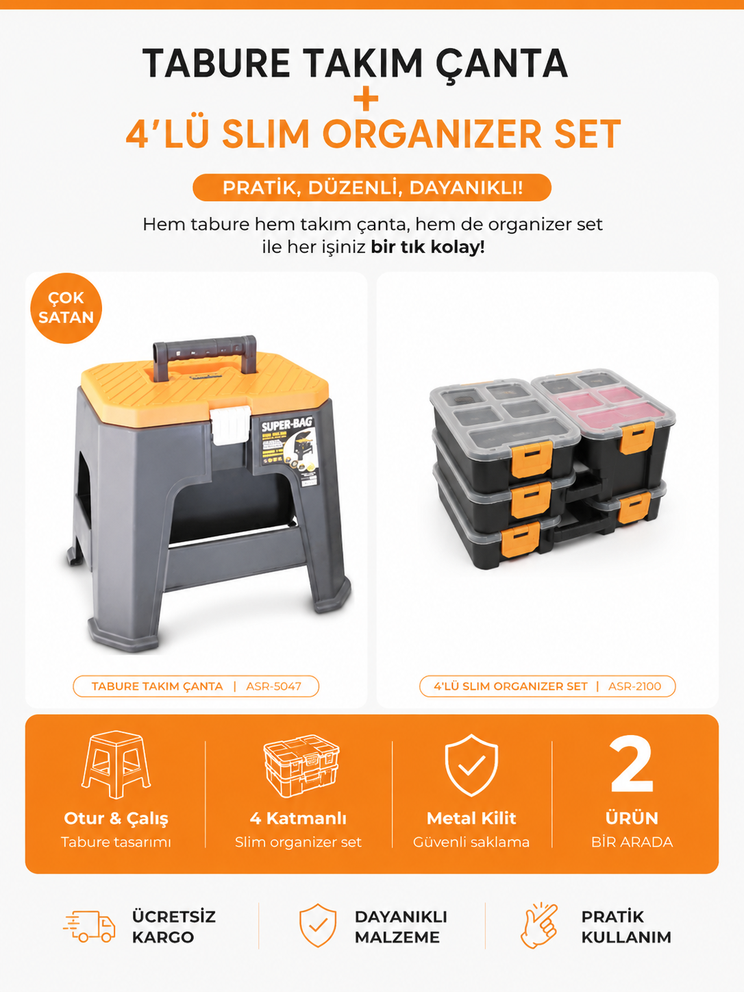 Super Bag Tabure Takım Çanta + Parça Organizer 4'lü Set
