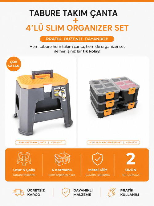 Super Bag Tabure Takım Çanta + Parça Organizer 4'lü Set