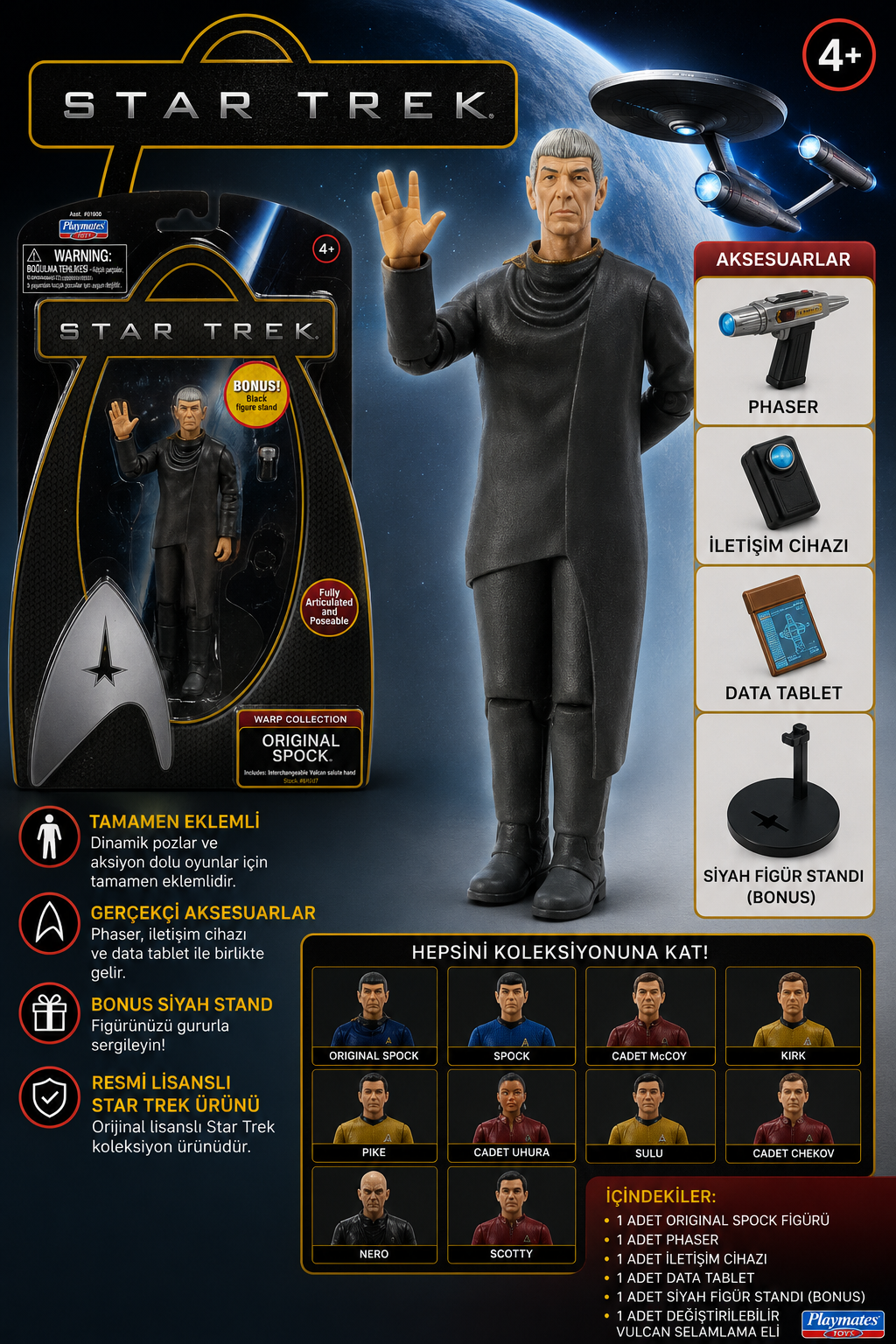 Star Trek Warp Collection Original Spock Aksiyon Figürü | Playmates Toys | Tam Hareketli Koleksiyon Figürü