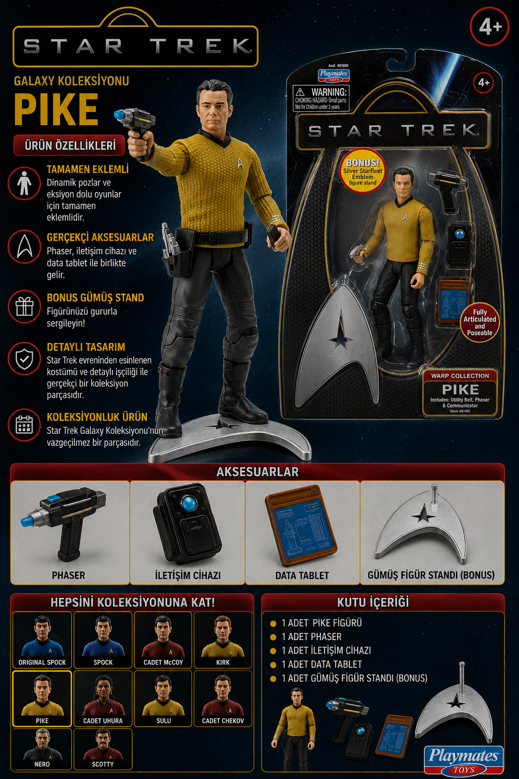 Star Trek Warp Collection Pike Aksiyon Figürü | Playmates Toys | Tam Hareketli Koleksiyon Figürü