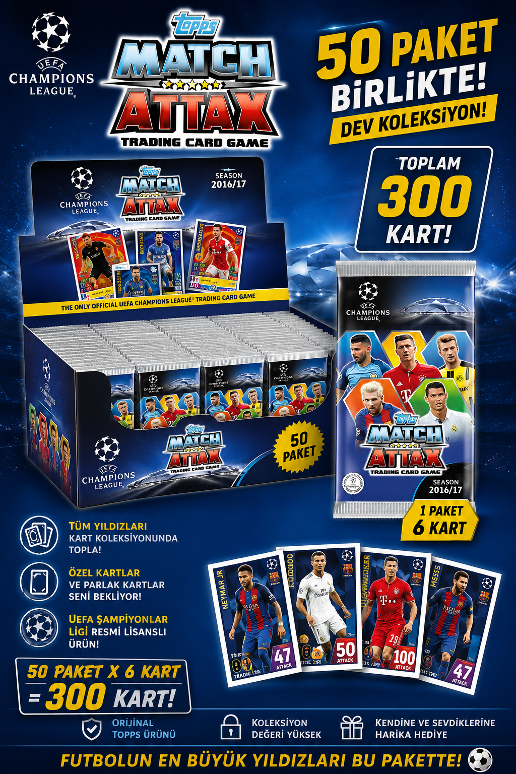 UEFA Şampiyonlar Ligi 16/17 Match Attax Futbolcu Kartları - 6'lı Paket x 50 / 300 Kart (1 kutu)