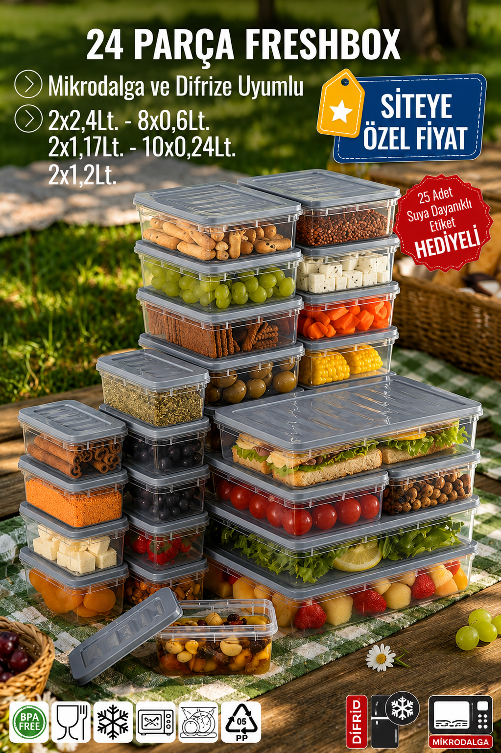 24'lü Set Freshbox Mikrodalga Ve Difrize Uygun Saklama Kabı