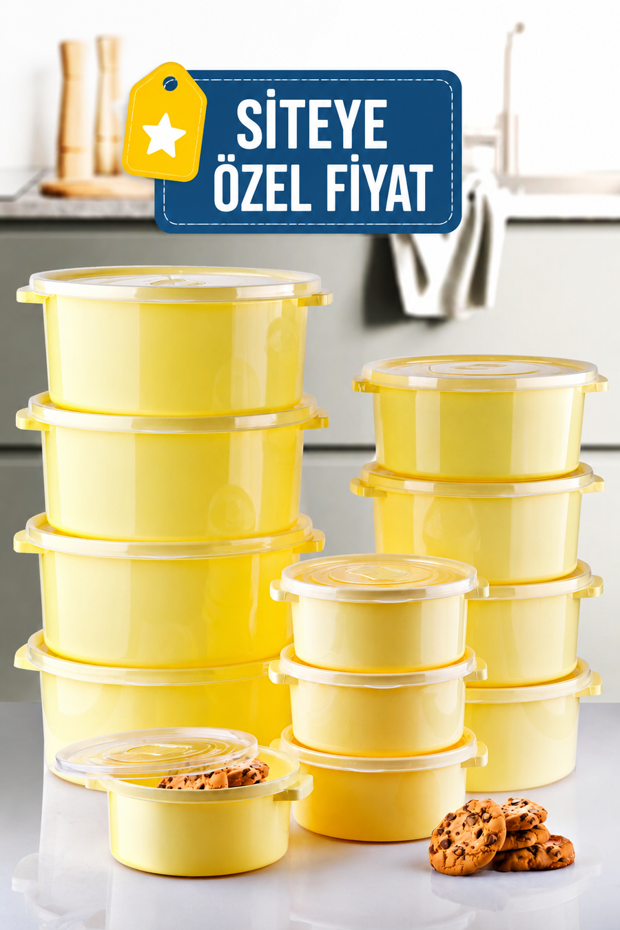Mikrodalga Ve Difrizde Kullanılabilen Saklama Kabı Seti Yuvarlak 12’li Sarı