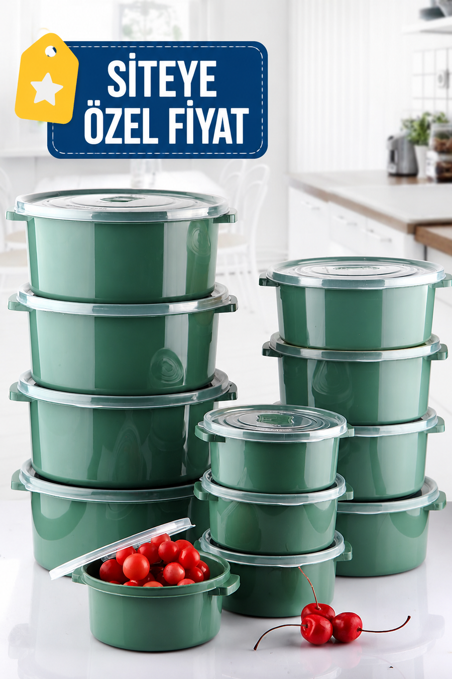 Mikrodalga Ve Difrizde Kullanılabilen Saklama Kabı Seti Yuvarlak 12’li Koyu Yeşil