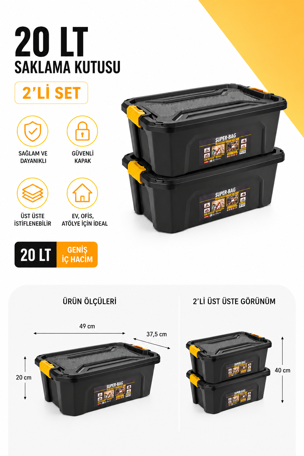 Super Bag 20 LT Saklama Kutusu 2'li Set | Kilitli Kapaklı İstiflenebilir Çok Amaçlı Depolama Kutusu