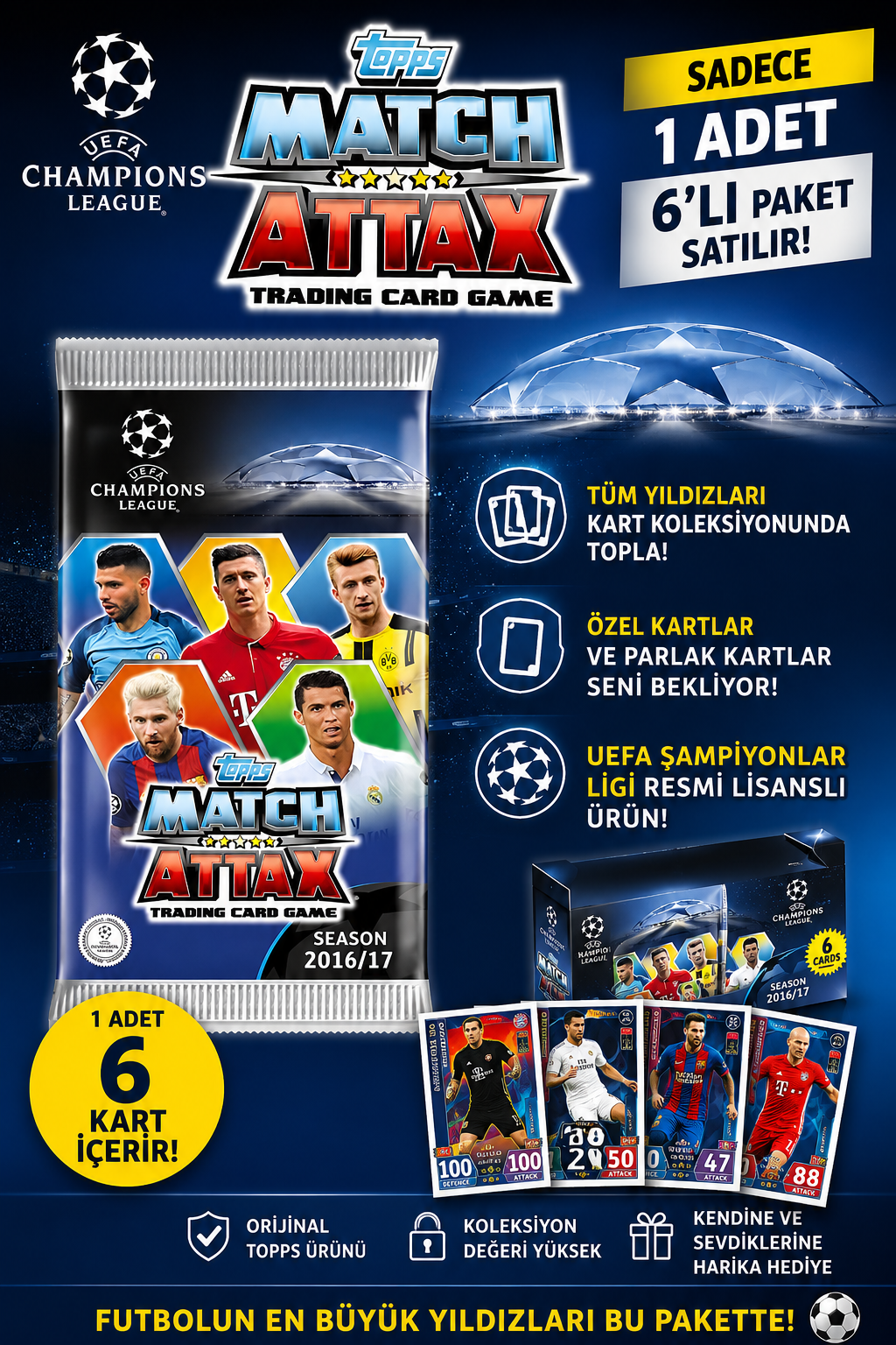 UEFA Şampiyonlar Ligi 16/17 Match Attax Futbolcu Kartları - 6'lı Paket (1 Paket)