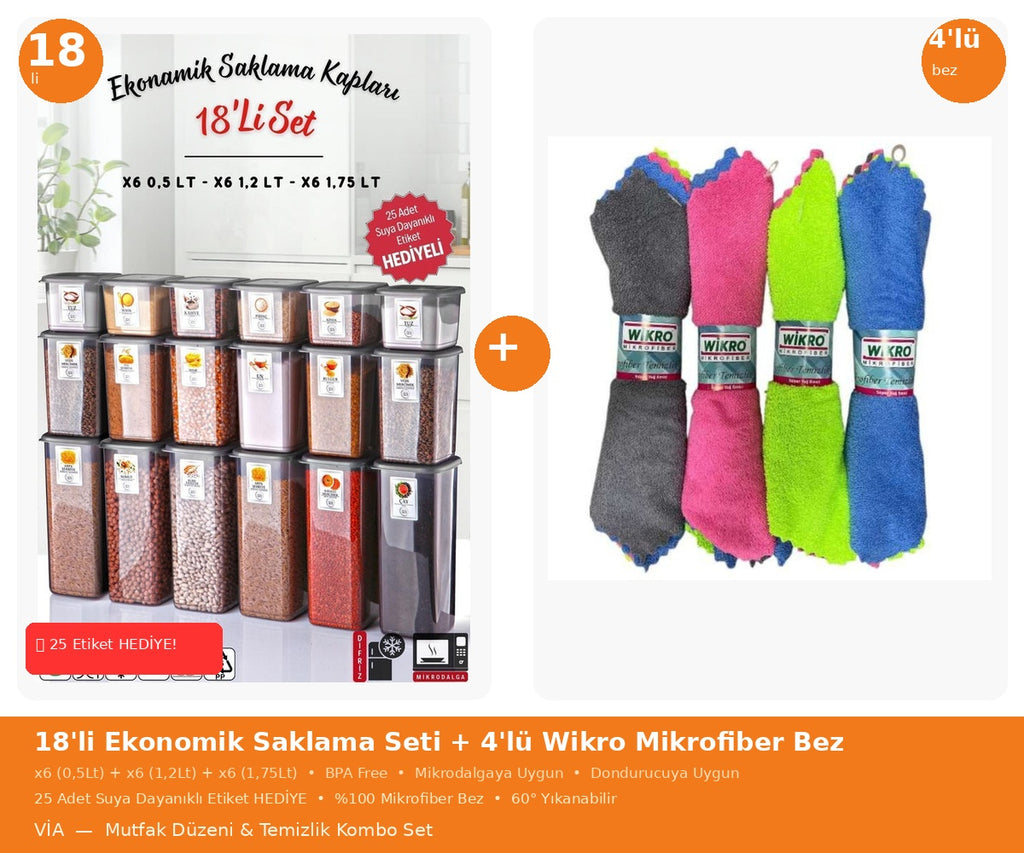 18'li Ekonomik Saklama Kabı Seti + Wikro 4'lü Mikrofiber Bez |