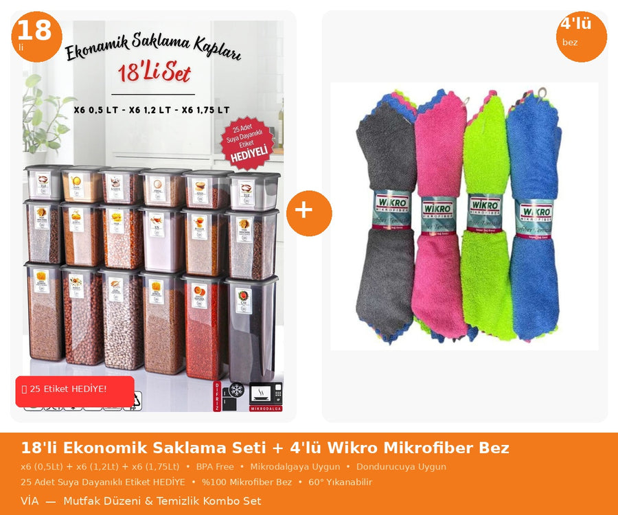 18'li Ekonomik Saklama Kabı Seti + Wikro 4'lü Mikrofiber Bez |