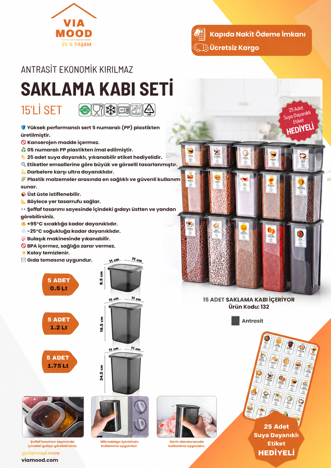 Etiketli 15'li Antrasit Ekonomik Kırılmaz Saklama Kabı Seti x5 - 1,75/1,2/0,5 Lt