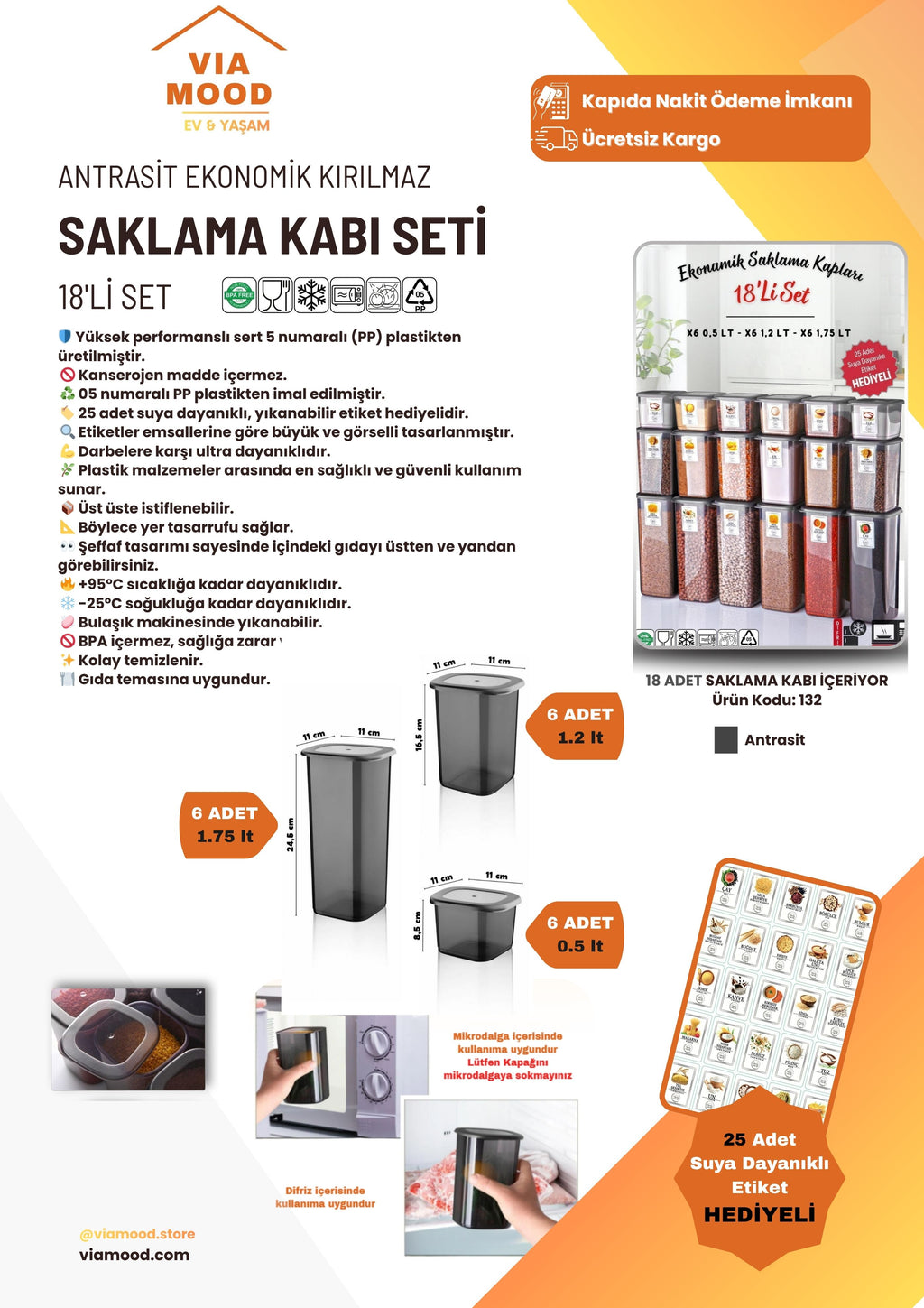 Etiketli 18’li Antrasit Saklama Kabı Seti + Şeffaf  Cam Kesim Tahtası