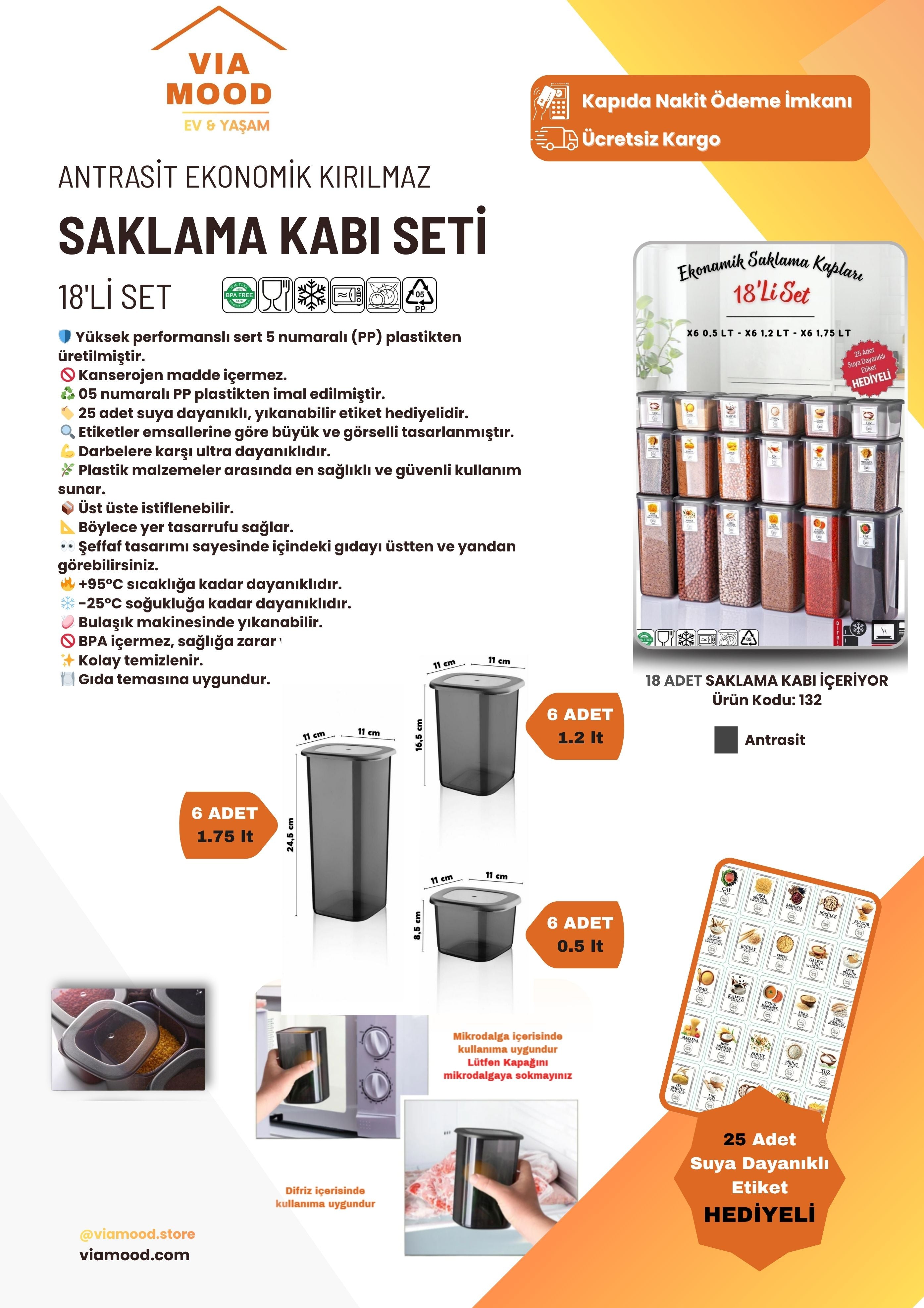Etiketli 18’li Antrasit Saklama Kabı Seti + Şeffaf  Cam Kesim Tahtası