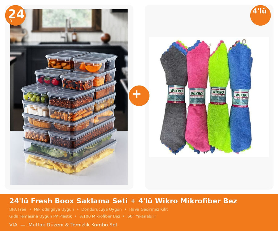 Fresh Boox 24'lü Saklama Kabı Seti + Wikro 4'lü Mikrofiber Bez
