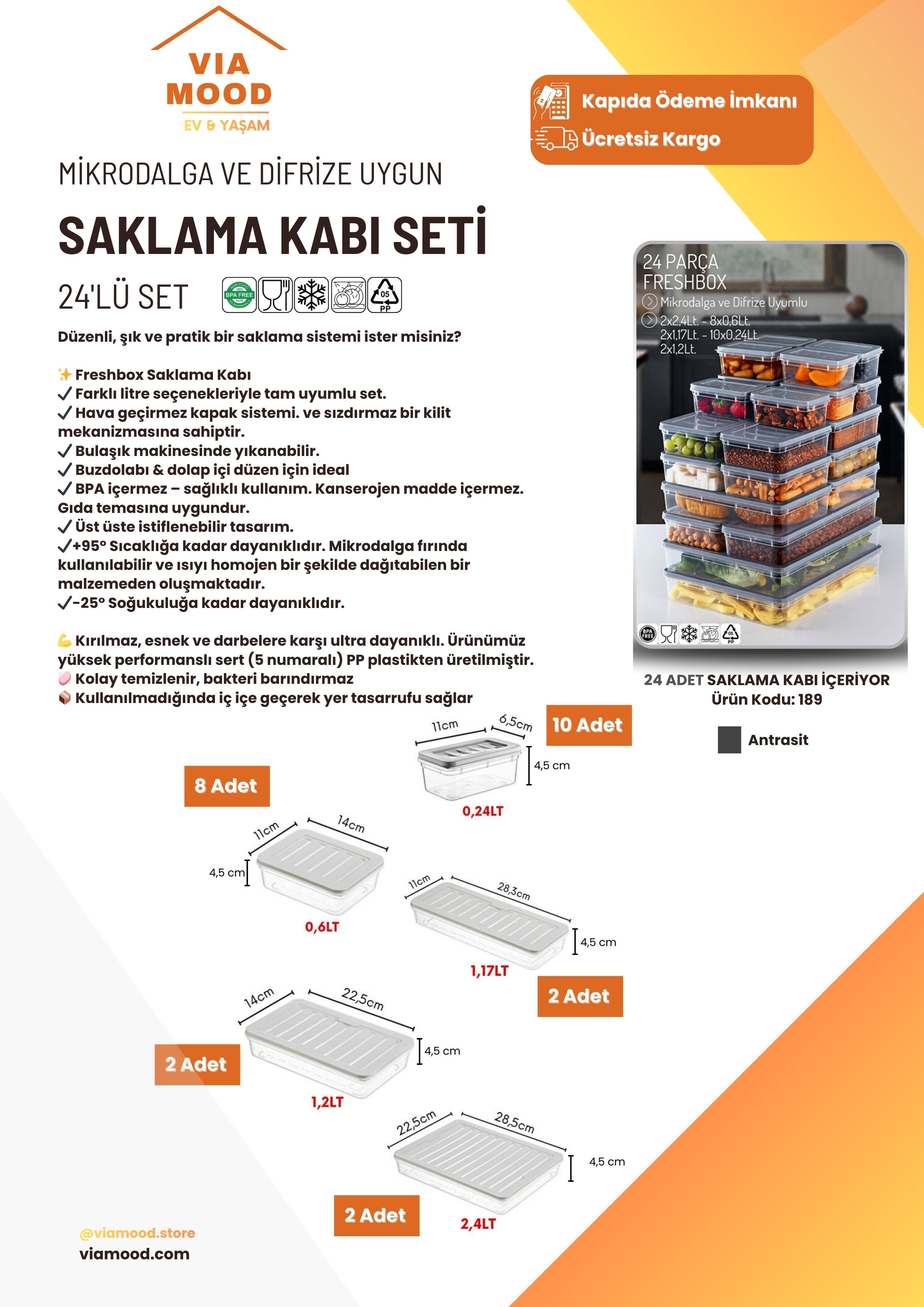 24'lü Set Freshbox Mikrodalga Ve Difrize Uygun Saklama Kabı