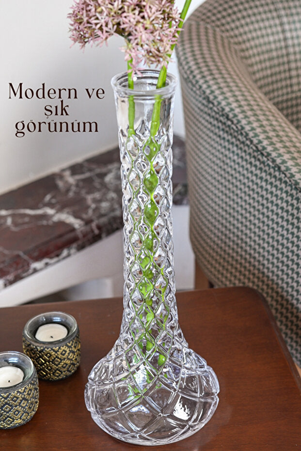 El Yapımı Kafes Desenli Fil Ayağı Cam Vazo