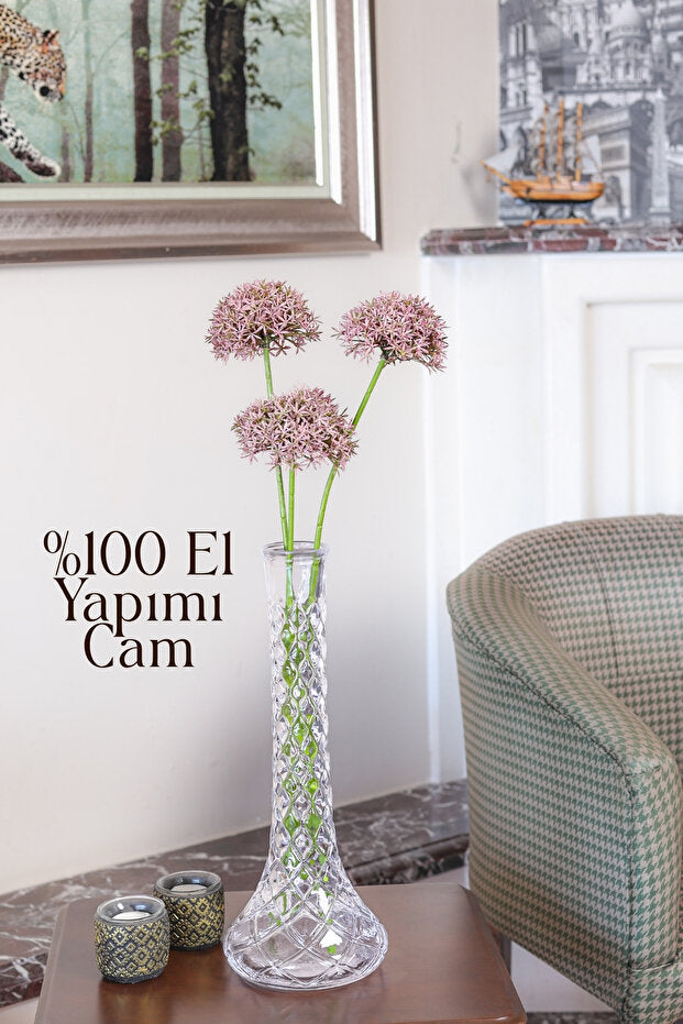 El Yapımı Kafes Desenli Fil Ayağı Cam Vazo