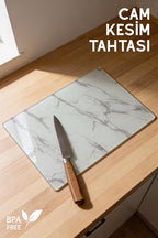 Klasik Mermer Desenli Cam Kesim Tahtası - 25x35cm -Dayanıklı ve Pratik Kesim Matı