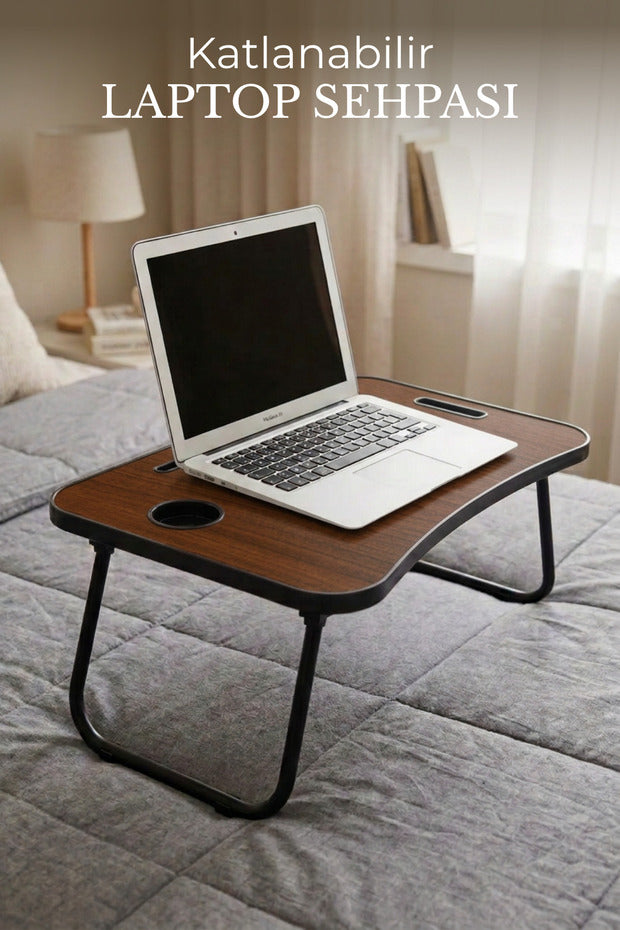 Portatif Katlanır Laptop Kucak Sehpası 59x40 cm | Tablet Telefon ve Bardak Tutuculu Çok Amaçlı Laptop Masası -  Koyu Ahşap