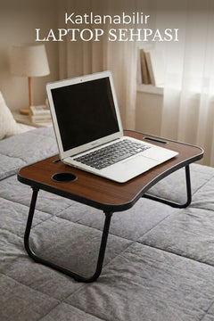 Portatif Katlanır Laptop Kucak Sehpası 59x40 cm | Tablet Telefon ve Bardak Tutuculu Çok Amaçlı Laptop Masası -  Koyu Ahşap