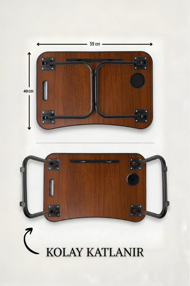 Portatif Katlanır Laptop Kucak Sehpası 59x40 cm | Tablet Telefon ve Bardak Tutuculu Çok Amaçlı Laptop Masası -  Koyu Ahşap