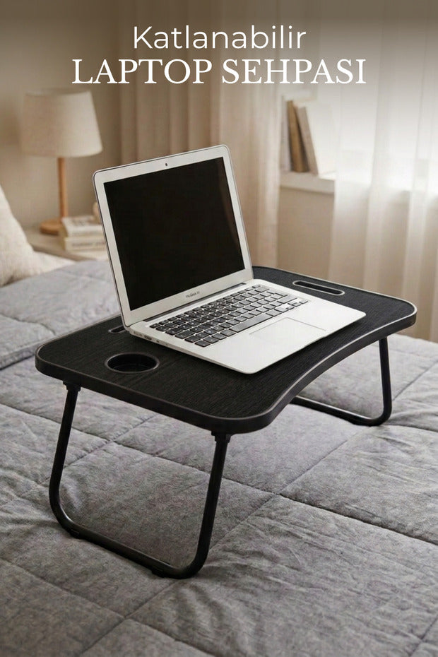 Portatif Katlanır Laptop Kucak Sehpası 59x40 cm | Tablet Telefon ve Bardak Tutuculu Çok Amaçlı Laptop Masası -  Siyah