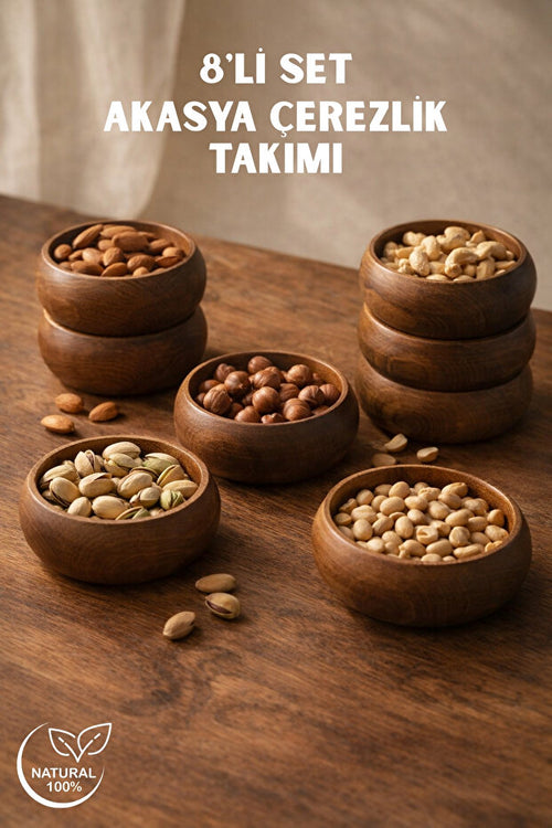 Doğal Akasya Ahşap Çerezlik 8'li Set – Kahvaltı & Çerez Sunum Kasesi – 9 cm