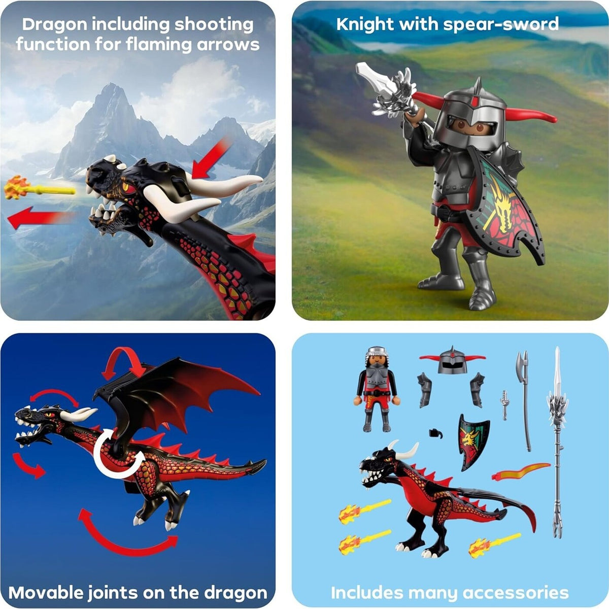 Playmobil Knights Siyah Ejderha ve Şövalye 72114 | 18 Parça Alev Fırlatmalı Oyun Seti