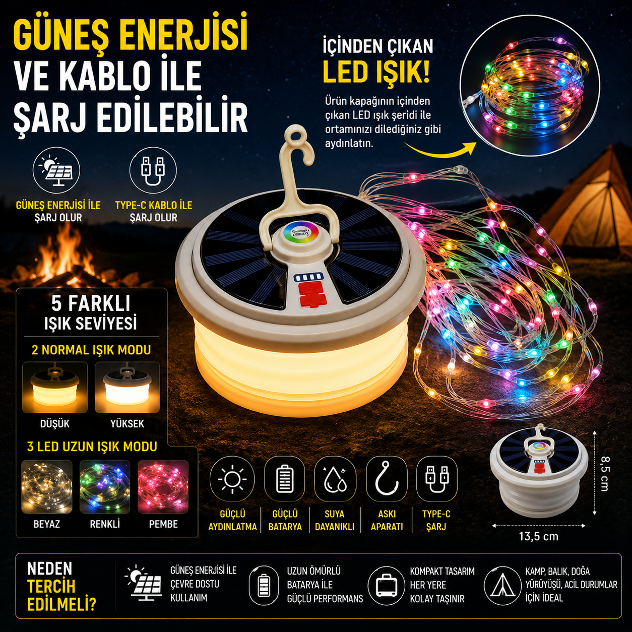 YX-669 Güneş Enerjili Şerit LED Kamp Lambası – 7 Işık Modu & Type-C Hızlı Şarj