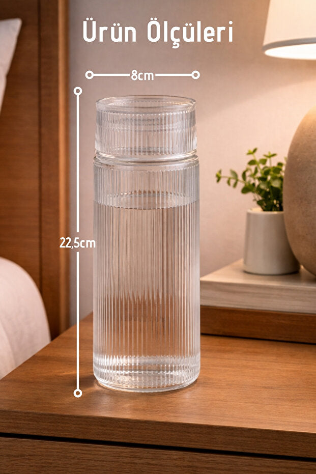 El Yapımı Cam, Pure Modelli Başucu Sürahisi -730Ml. Bardaklı Sürahi