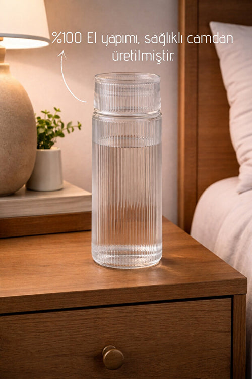 El Yapımı Cam, Pure Modelli Başucu Sürahisi -730Ml. Bardaklı Sürahi
