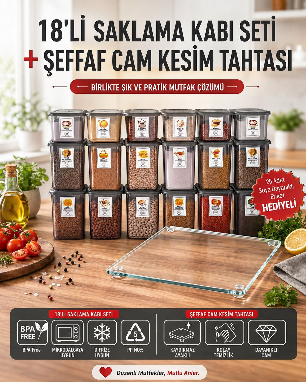 Etiketli 18’li Antrasit Saklama Kabı Seti + Şeffaf  Cam Kesim Tahtası